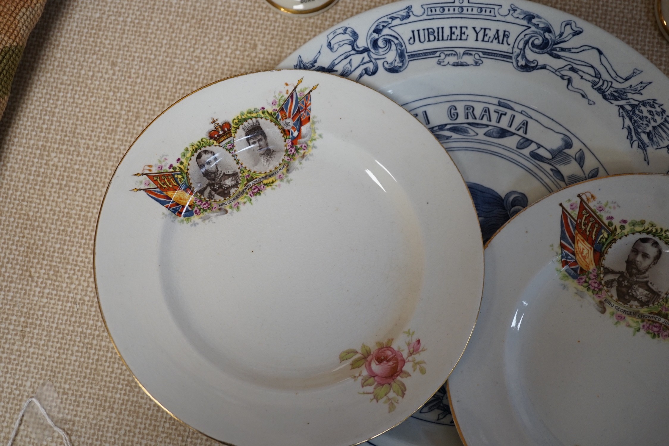 Royal Commemorative ceramics - Royal Worcester Queen Victoria Golden Jubilee plate, three Arcadian busts of George VI, Mary and Prince of Wales etc.